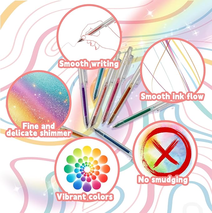 Glitter Gel Pens Retractable, 24 Colors Glitter Pens Set for Coloring, Journaling, Graffiti, Painting, DIY Greeting Cards, and Highlighting Key Notes - Smooth & Non-Toxic