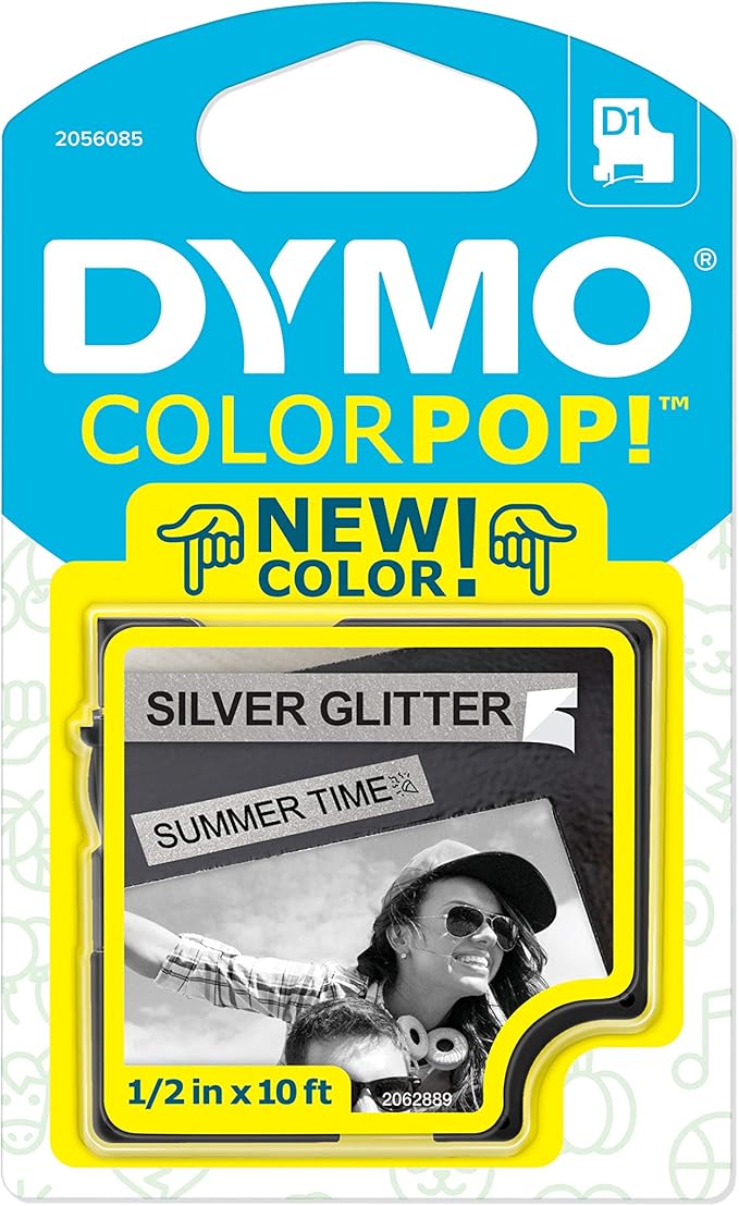 DYMO COLORPOP Authentic Label Maker Tape, 1/2" W x 10' L, Black Print on Silver Glitter, D1 Standard