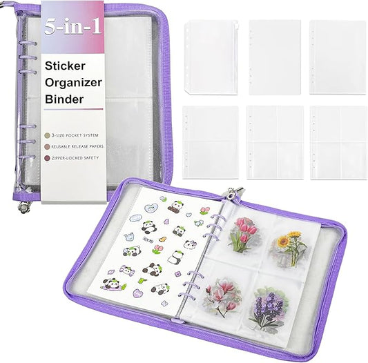 5-in-1 Sticker Organizer Book Reusable A5 Storage Binder with 220 Pockets,10 Release Papers, Zipper Album Sticker Collecting Display Keeper (Purple)