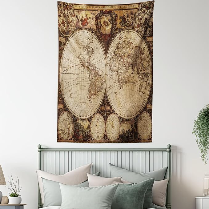 Ambesonne World Map Tapestry King Size, Old World Map Drawn in 1720s Nostalgic Style Art Historical Atlas Vintage Design, Wall Hanging Bedspread Bed Cover Wall Decor, 88" X 88", Multicolor