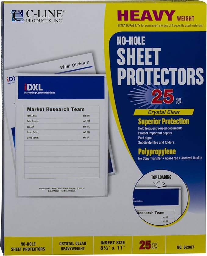 C-Line Top Loading Heavyweight Poly No-Hole Sheet Protectors, 8.5 x 11 Inches, 25 per Box (62907) (Pack of 5)