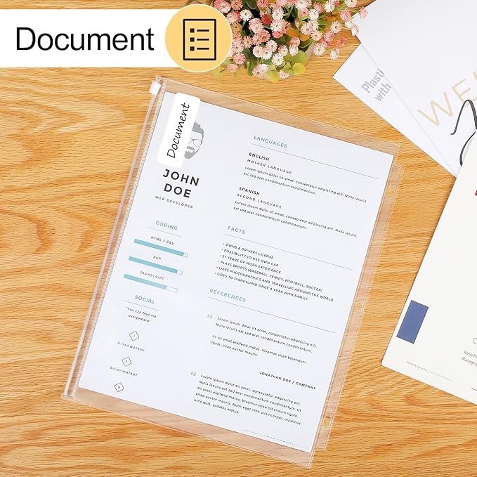 KTRIO Letter Size Binder Pockets 3 Ring Binder Zipper Pouch 24 Pack, 3 Holes Clear PVC Loose Leaf Bags 8.5"×11" Document Folders for Business Office School Supplies
