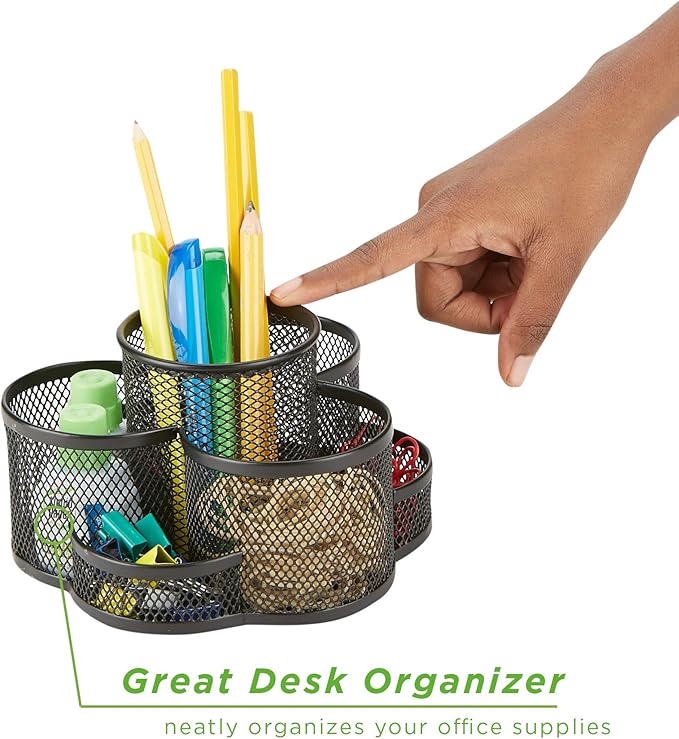MIND READER Desk Organizer [7-Compartment] - Supplies and Accessories Storage For Office Desk with Pencil and Pen Cup, Paper Clip Holder, Scissors Caddy (BLACK)