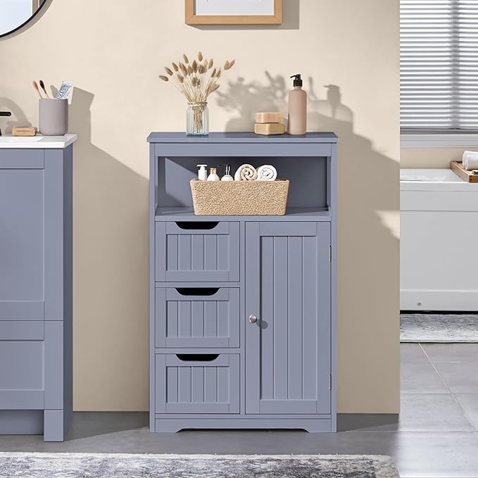 Yaheetech Bathroom Storage Cabinet, Wooden Bathroom Floor Cabinet with 1 Door and 3 Drawers, Free-Standing Storage Unit for Kitchen/Living Room/Entryway, Gray