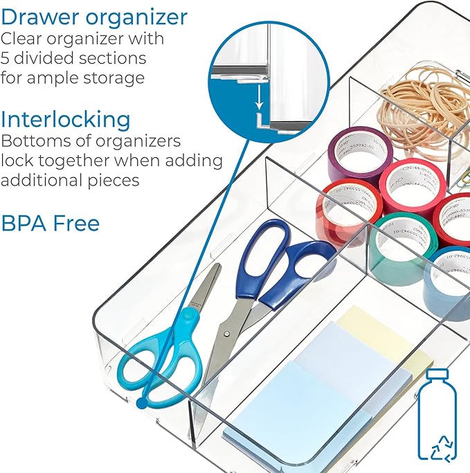 iDesign Interlocking 5-Section Drawer Organizer for Kitchen, Bathroom or Desk Drawers, Clear