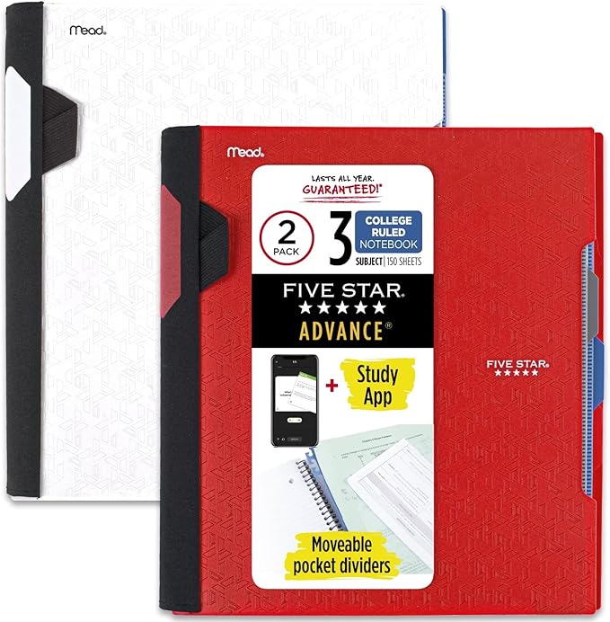 Five Star Advance Spiral Notebooks + Study App, 2 Pack, 3 Subject, College Ruled Paper, 11" x 8-1/2", 150 Sheets, with Spiral Guard and Movable Dividers, Red, White (820111)