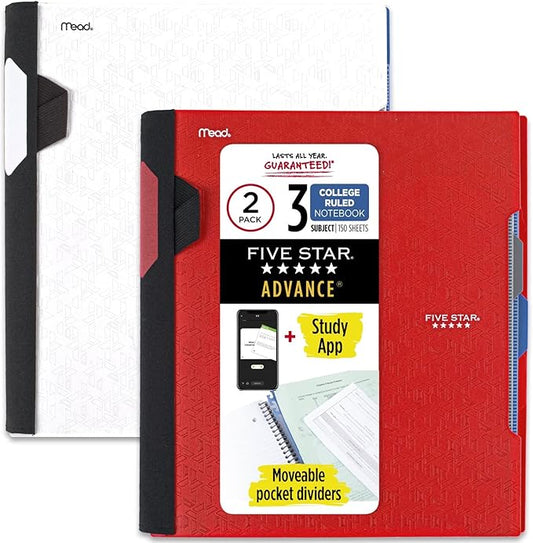 Five Star Advance Spiral Notebooks + Study App, 2 Pack, 3 Subject, College Ruled Paper, 11" x 8-1/2", 150 Sheets, with Spiral Guard and Movable Dividers, Red, White (820111)