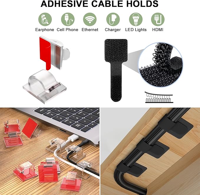 48Pcs Cord Organizer Kit, Reusable Silicone Cable Ties, Strong Adhesive Cable Clips for Cable Management, Multipurpose Wire Management for Bundling and Fastening Various Wires (Black, White)