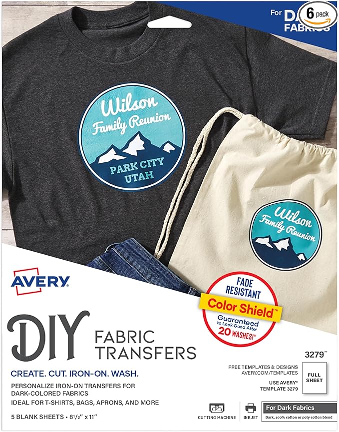 Avery Printable Heat Transfer Paper for Dark Fabrics, 8.5" x 11", Inkjet Printer Compatible, 5 Sheets of Iron On Transfer Paper, Great for Custom Shirts, Uniforms, Gifts, and More (3279) (Pack of 6)