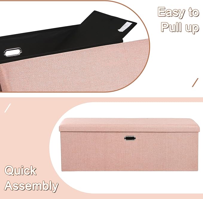 VECELO 43'' Folding Storage Ottoman Bench, End of Bed Linen Fabric Foot Rest Stool with Padded Seat, Large Footstools for Bedroom, Living Room, Load 660 lb, Pink