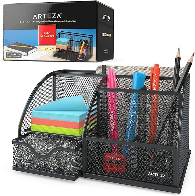 Arteza Mesh Metal Office Desk Organizer with Drawer, 6-Compartment Multi-Functional Design Holds Office Supplies & Accessories Like Pens, Pencils, Notes, Staplers & Scissors (Black)
