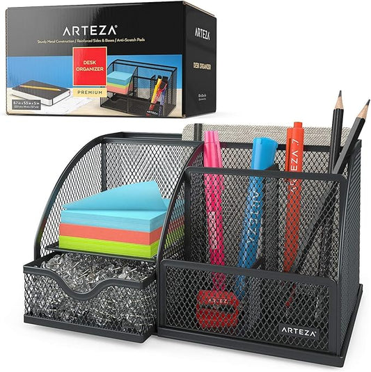 Arteza Mesh Metal Office Desk Organizer with Drawer, 6-Compartment Multi-Functional Design Holds Office Supplies & Accessories Like Pens, Pencils, Notes, Staplers & Scissors (Black)