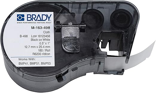 Brady M-163-498 Vinyl Cloth B-498 Black on White Label Maker Cartridge, 1" Width x 1/2" Height, For BMP51/BMP53 Printers