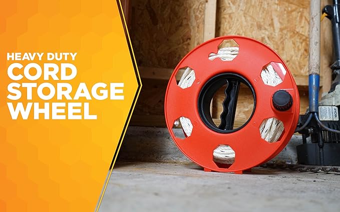 Woods Heavy Duty Cord Storage Wheel - Holds Up to 150 Feet of 16/3 or 125 Feet of 14/3 Gauge Cord - Tangle-Free Design for Extension Cords, Rope, or Hose - - Black