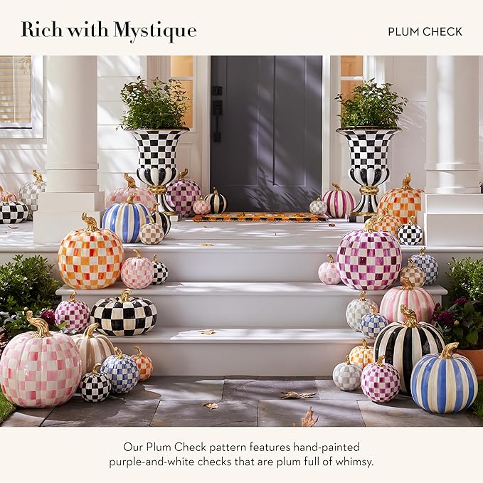 MACKENZIE-CHILDS Small Pumpkin, Resin Halloween Home Decor, Purple-and-White Plum Check