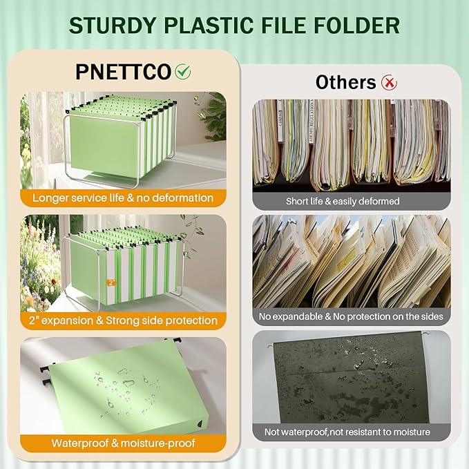 Green Hanging File Folders, 2" Expandable Green File Folders Hanging, Hanging Folders, Expanding Hanging File Folder, Plastic Hanging Files Folders with Tabs & Expandable Bottom, Lette Size, 12 Pack