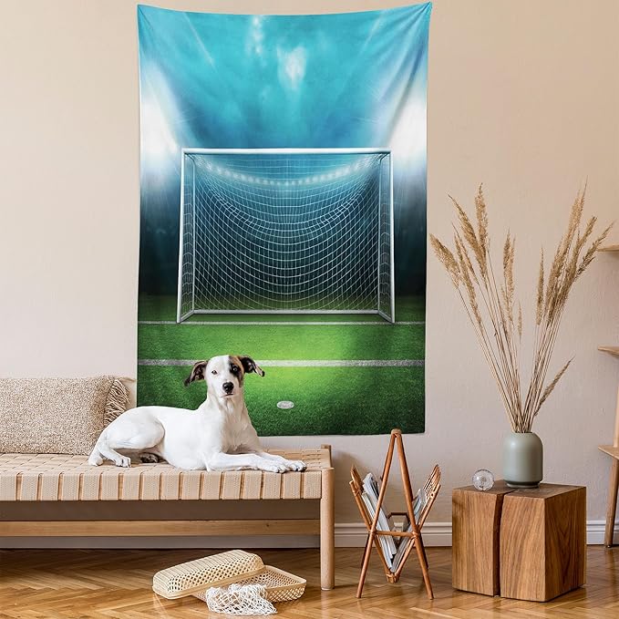 Ambesonne Soccer Tapestry Queen Size, Soccer Goal Post Sports Area Winner Loser Line Floodlit Best Team Finals Game Theme, Wall Hanging Bedspread Bed Cover Wall Decor, Queen Size, Green and Blue