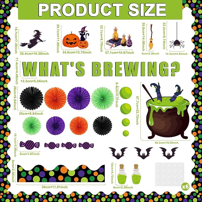3D 98Pcs Halloween Bulletin Board Set Halloween Theme Classroom Decorations Witch Cauldron Paper Cutouts Colorful Hanging Paper Fan for Classroom School Chalkboard Home Wall Decor Supplies