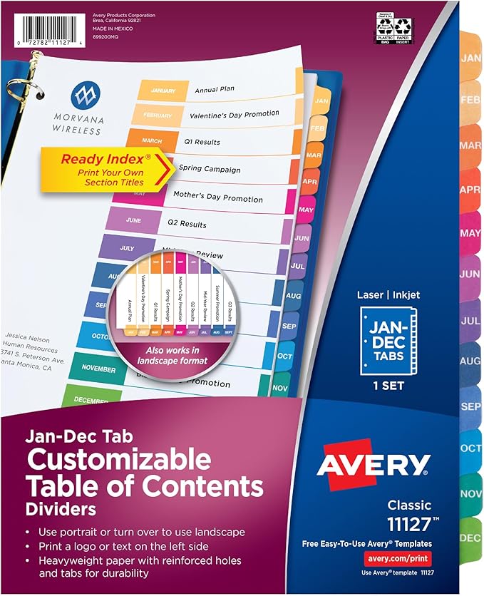 Avery Jan-Dec Dividers for 3 Ring Binders, 12 Tabs per Set, Customizable Table of Contents, Multicolor Tabs, Great for Organizing Reports, Projects, and More (24 Sets of 11127)