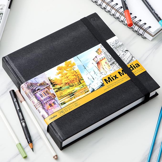 Ohuhu Mix Media Pad - 8.3"x8.3" Mixed Media Art Sketchbook, 120 lb/200 gsm Heavyweight Papers, 78 Sheets/156 Pages, PU Hardcover Mixed Media Paper Pad for Acrylic Painting Christmas Gift