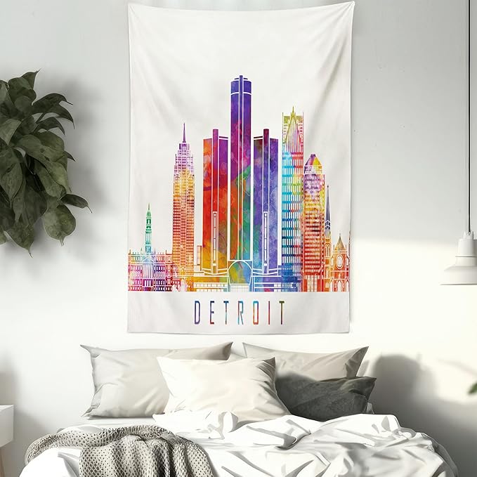 Ambesonne Detroit Tapestry Twin Size, Vibrant Colored Abstract Skyscrapers Modern Architecture Watercolor Style Landmarks, Wall Hanging Bedspread Bed Cover Wall Decor, 68" X 88", Ivory