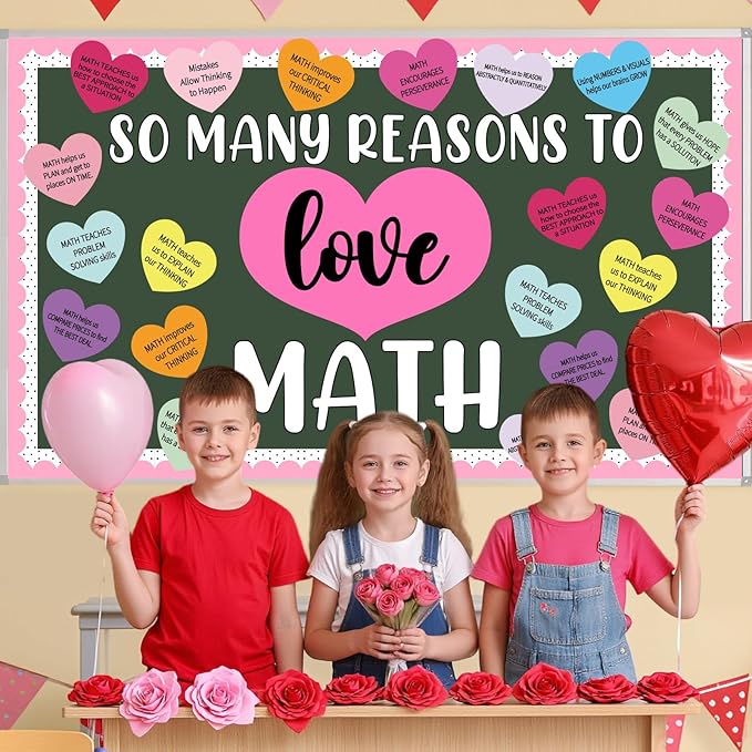 Valentines Day Bulletin Board Decoration Set Conversation Heart Paper Cutout Math Theme Party Supplies Valentine's Day Classroom Decoration Love Math Candy Heart Cutouts for School Wall Decor Supplies