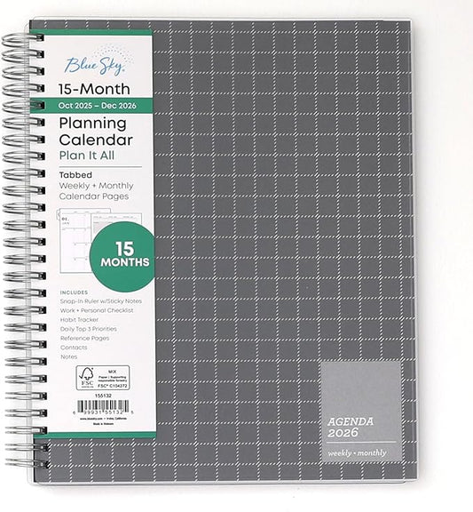 Blue Sky 15 Month 2026 Weekly and Monthly Planner Calendar, October 2025 - December 2026, 7" x 9", Flexible Cover, Durable Twin Wire Binding, Laminated Tabs, Includes Ruler & Sticky Notes, Aiden Dark