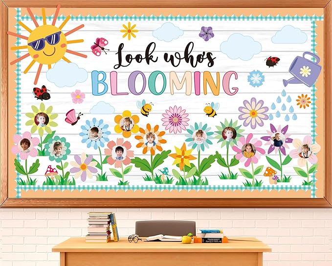 Spring Bulletin Board Decorations Set Classroom Decoration Look Who’s Blooming Spring Bloom Flower Growth Mindset Photo Posting Craft Cutout for School Offices Classroom Back to School Party Supplies