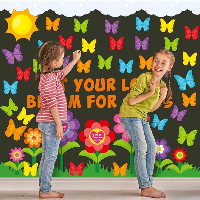 97 Pcs Christian Bulletin Board Decorations Let Your Love Bloom for Jesus Bulletin Board Sets Religious Faith Flower Butterfly Cutout for Summer Church Sunday School Classroom Wall Decor