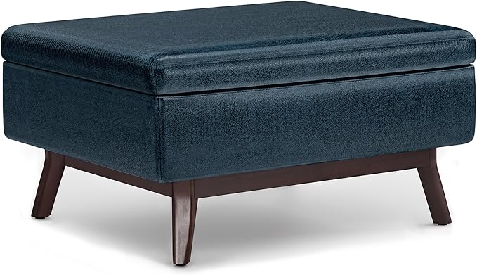 SIMPLIHOME Owen Coffee Table Storage Ottoman - 34 inch Wide Upholstered Vegan Leather Rectangular Lift-Top Ottoman in Distressed Dark Blue, Mid-Century Modern Bench for Living Room with Tapered Legs