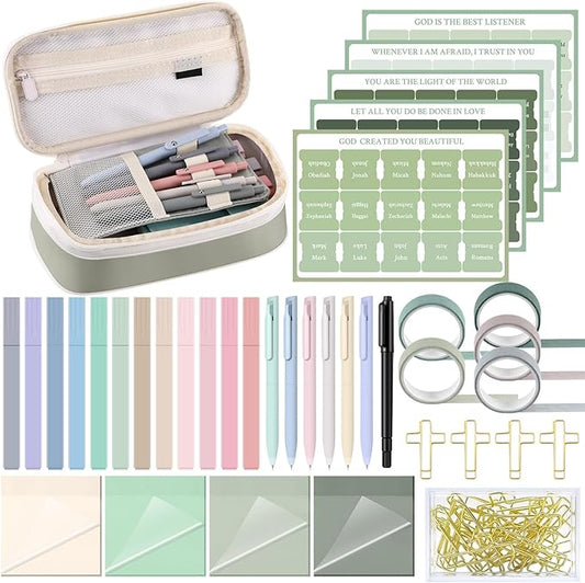137 Pcs Bible Study Supplies Journaling Kit 1 Pencil Case 12 Highlighters 4 Sticky Notes 6 Gel Pens 35 Paper Clips 3 Tapes 1 Markers 75 Tabs for Christmas Bible School Gifts(Sage Green)