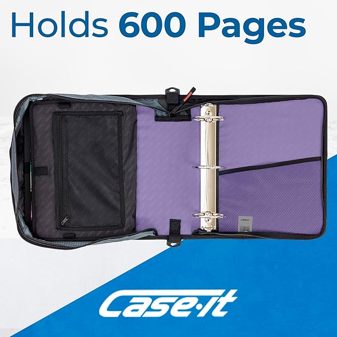 Case-it Mighty Zip Tab School Zipper Binder | 3-Inch O-Rings, 600-Sheet Capacity, 5-Subject Expanding File Folder, Multiple Pockets & Storage Organizer, Shoulder Strap | D-146 Lavender