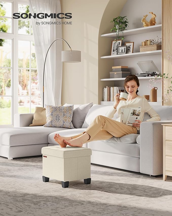 SONGMICS Storage Ottoman, Small Ottoman Foot Rest with Legs, 12.6 x 15.7 x 13.2 Inches Foot Stool, Load up to 660 lb, for Living Room, Bedroom, Dorm, Cream White ULSF012W01