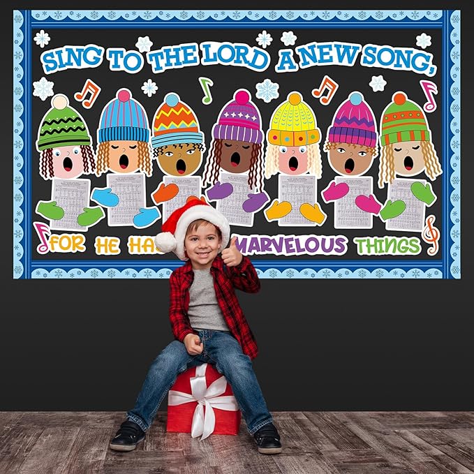 Christmas Religious Bulletin Board Decorations Set Xmas Bulletin Board Winter Hats Choir Cutouts Sing a Song to The Lord Classroom Sunday School Home Chalkboard Wall Holiday Party Decor Supplies