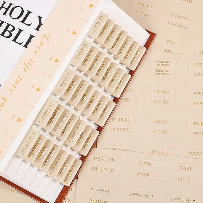 Leather Bible Tabs, Bible Tabs for Women and Men(Gold Foil Lettering) Large Print Stickers, Easy to Read and Apply, 66 Chapters & 14 Blank DIY Labels for Easy Navigation, Christian Accessories(Beige)