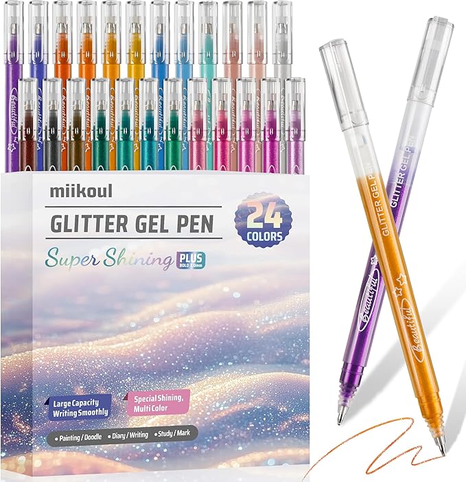 Glitter Gel Pens, 24 Pack Super Glitter Colors Paint Pens 1.0mm Fine Tip Large Capacity Colored Drawing Pens Sparkle Paint Pen for Kids Adults DIY Craft Making, Coloring, Doodling, Scrapbooking