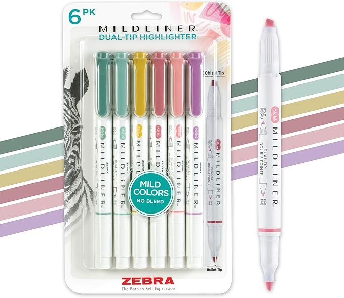 Zebra Pen Mildliner Dual-Tip Highlighter Marker Set, Broad and Fine Point Tips, No Bleed, Ideal for Bible Highlighting, Journaling, School and Office Supplies, Assorted Mild Colors, 6-Pack (78906)
