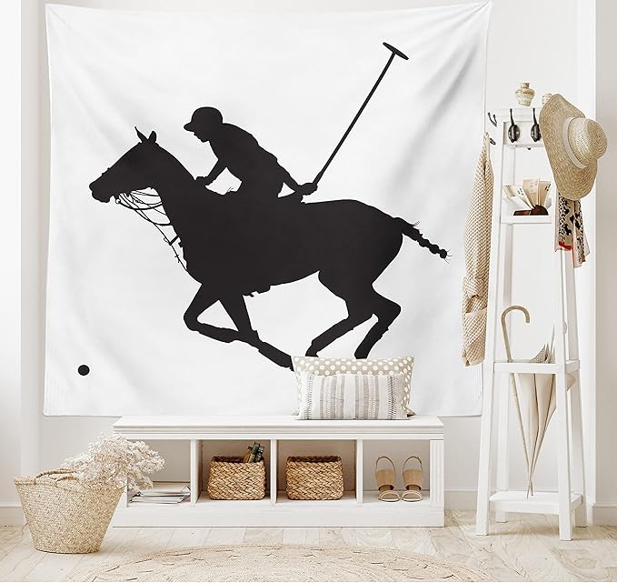 Ambesonne Sports Tapestry, Silhouette Illustration of Polo Player on a Horse Hitting a Ball Print, Fabric Wall Hanging Decor for Bedroom Living Room Dorm, 45" X 30", Charcoal Grey