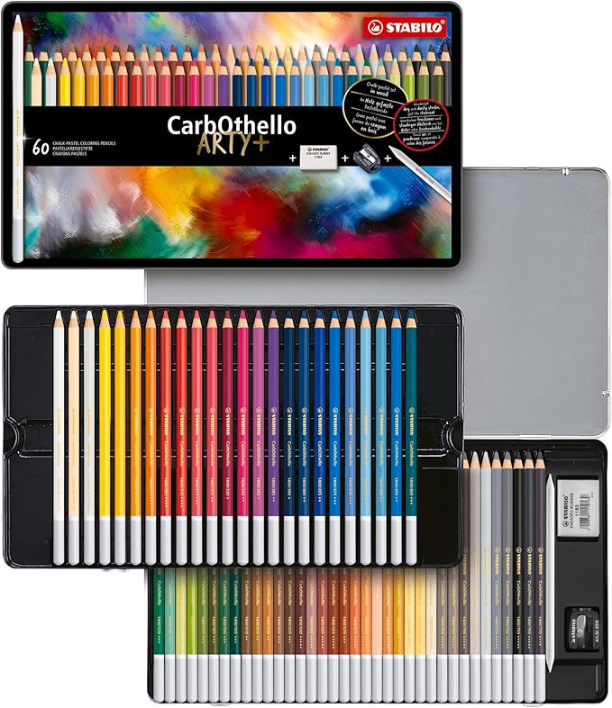 STABILO Chalk-Pastel Artist Colored Pencil CarbOthello ARTY Tin Set of 60, Eraser, Sharpener, Blender - Watercolor Effects