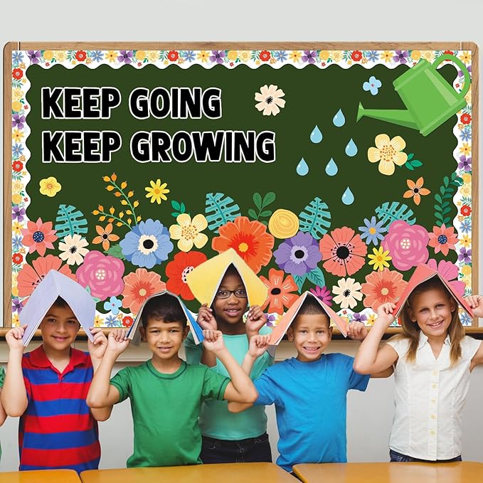 Wildflowers Spring Bulletin Board Decorations Set Floral Flowers Bulletin Board Decor Keep Going Keep Growing Floral Blackboard Borders Sunflowers Cutouts for Back to School Classroom Wall Decor