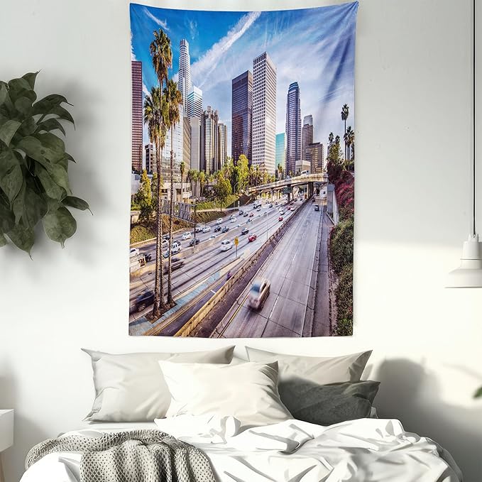 Ambesonne Travel Tapestry, Downtown Cityscape of Los Angeles California USA Avenue Buildings Palms Print, Fabric Wall Hanging Decor for Bedroom Living Room Dorm, 23" X 28", Blue Grey Green