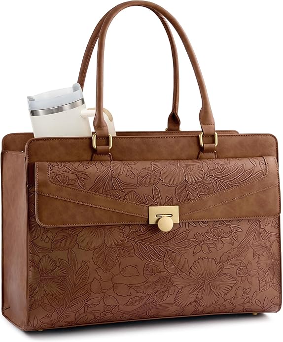 LOVEVOOK Laptop Tote Bag for Women - PU Leather Vintage Work Tote Bag,Waterproof Business Teacher Bag with Large Cup Holder