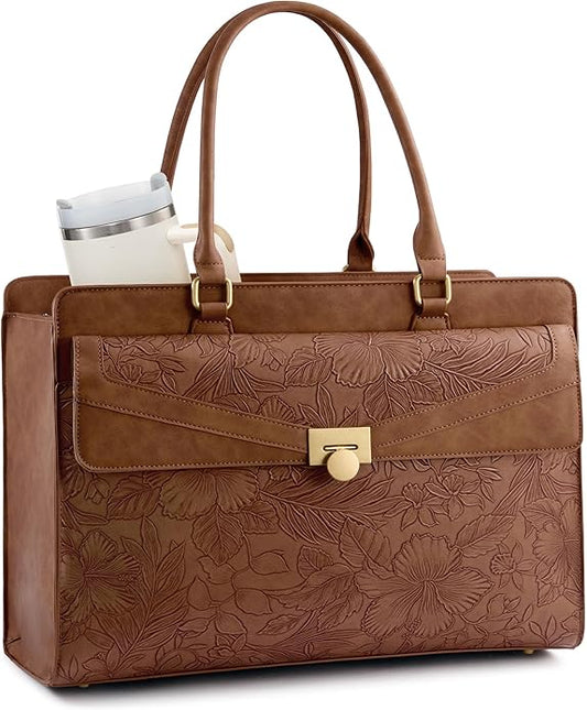 LOVEVOOK Laptop Tote Bag for Women - PU Leather Vintage Work Tote Bag,Waterproof Business Teacher Bag with Large Cup Holder