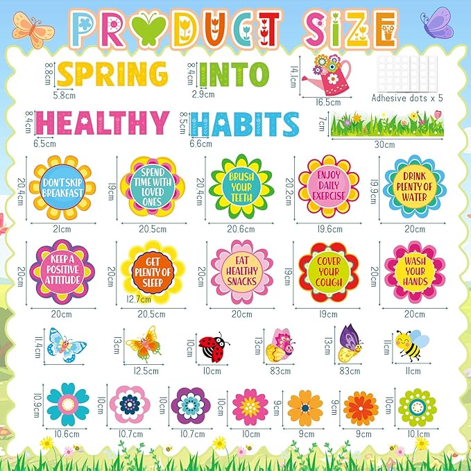 Epakh Spring Health Bulletin Board Decorations Set Spring Flowers Classroom Decor Flower Bee Butterfly Accents Paper Cutouts for Door Wall School Spring Theme Party Supplies(Healthy Habits)