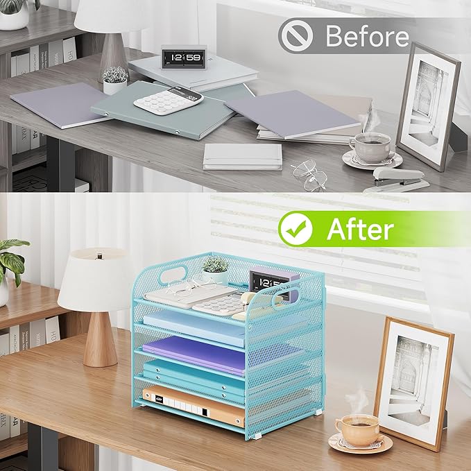 2 Pack 5 Tier Paper Organizer, Letter Tray with Handle, Mesh Desk Organizer, Metal File Organizer, Office Desk Accessories for Home, Office, Classroom, School -Blue