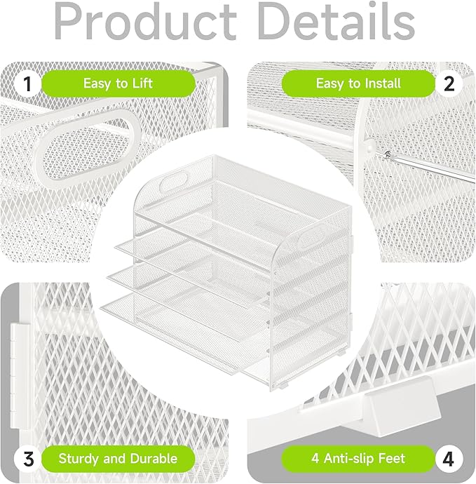 5 Tier Paper Organizer with Handle, White Metal Mesh Desk Organizer File Folder Paper Letter Tray Desktop Document Sorter for Classroom, School, Office Accessories Organization and Storage
