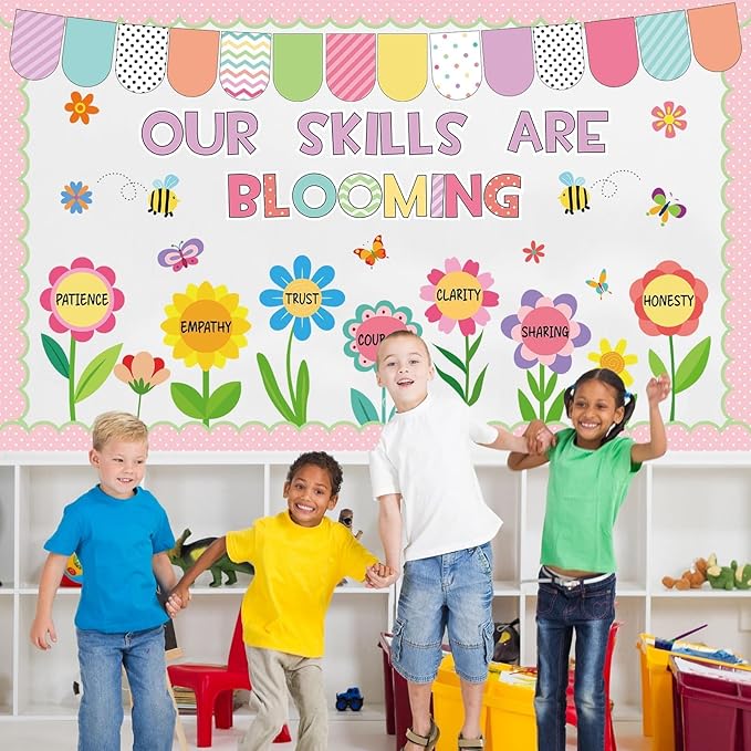 Qyeahkj Spring Bulletin Board Decorations Set Butterfly & Flower Cutouts Reusable Motivational Pastel Floral Classroom Office Home Wall Decor for Teachers Nursery Spring Party Backdrop (Easy-Install)
