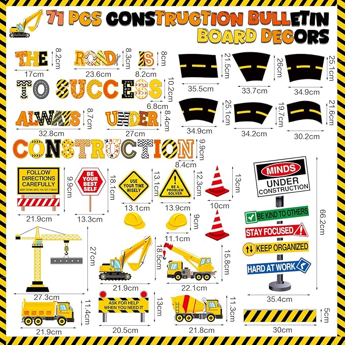 Honoson 71 Pcs Construction Bulletin Board Decorations Road to Success Bulletin Boards Construction Inspirational Classroom Decors for Library Classroom Positive Chalkboard Wall Decor(Road)