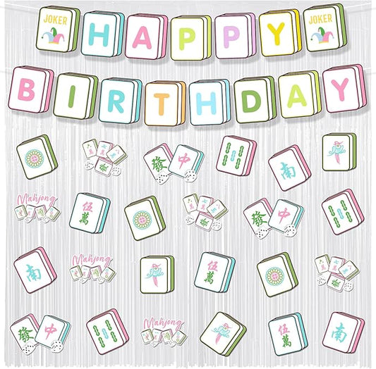 Epakh 39 Pcs Mahjong Birthday Party Decorations Includes 24 Pieces Paper Cards Decor 13 Pcs Happy Birthday Banner 2 Pieces Foil Fringe Curtain Backdrop for Photo Prop Themed Party Supplies