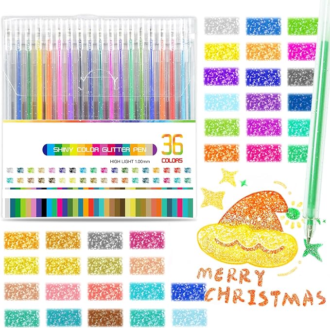 SAYEEC Glitter Gel Pens, 36 Colored Metallic Gel Pens Set, 1.0mm Super Sparkle Gel Ink Pens, Art Glitter Paint Markers for Adult Coloring Books Scrapbook Journaling Drawing Doodling Note Taking Crafts